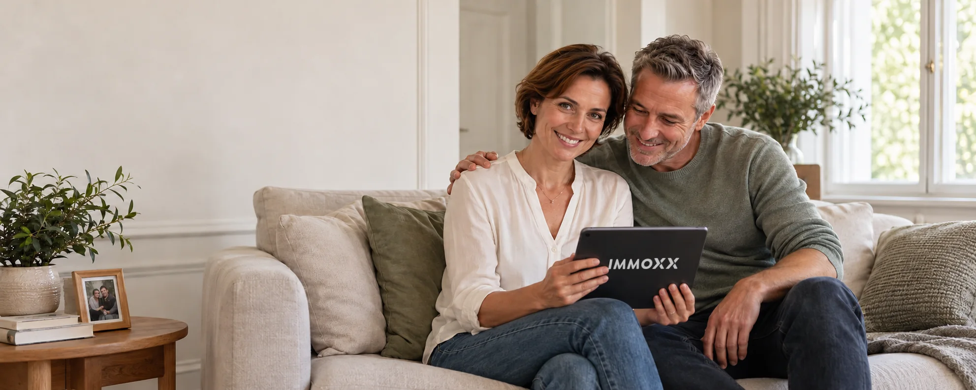 Eigentümerpaar zu Hause am Tablet mit IMMOXX-Logo; die Frau lächelt zum Betrachter.