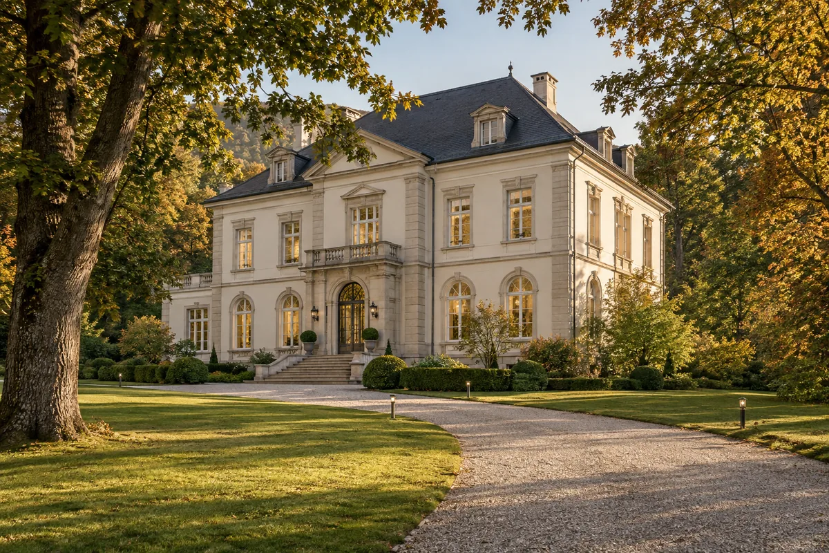 KI-Symbolbild einer herrschaftlichen Villa in einem privaten Park