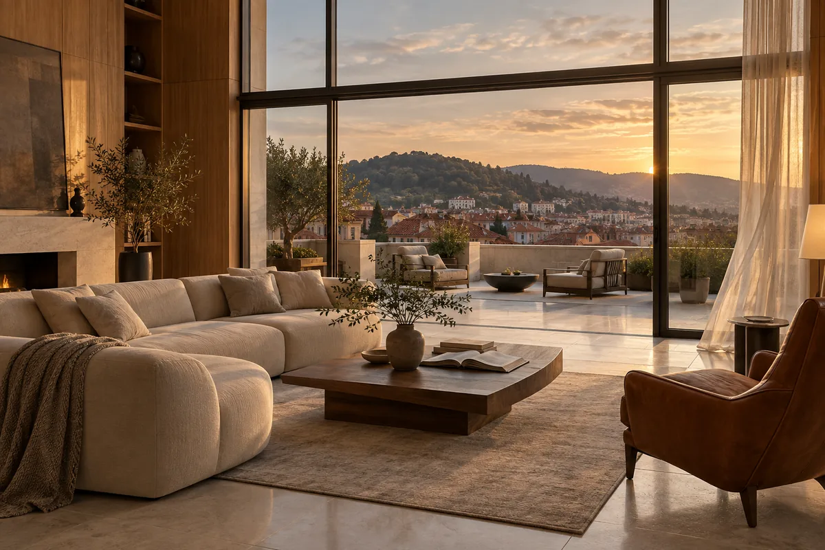 KI-Symbolbild eines großzügigen Penthouses mit Dachterrasse