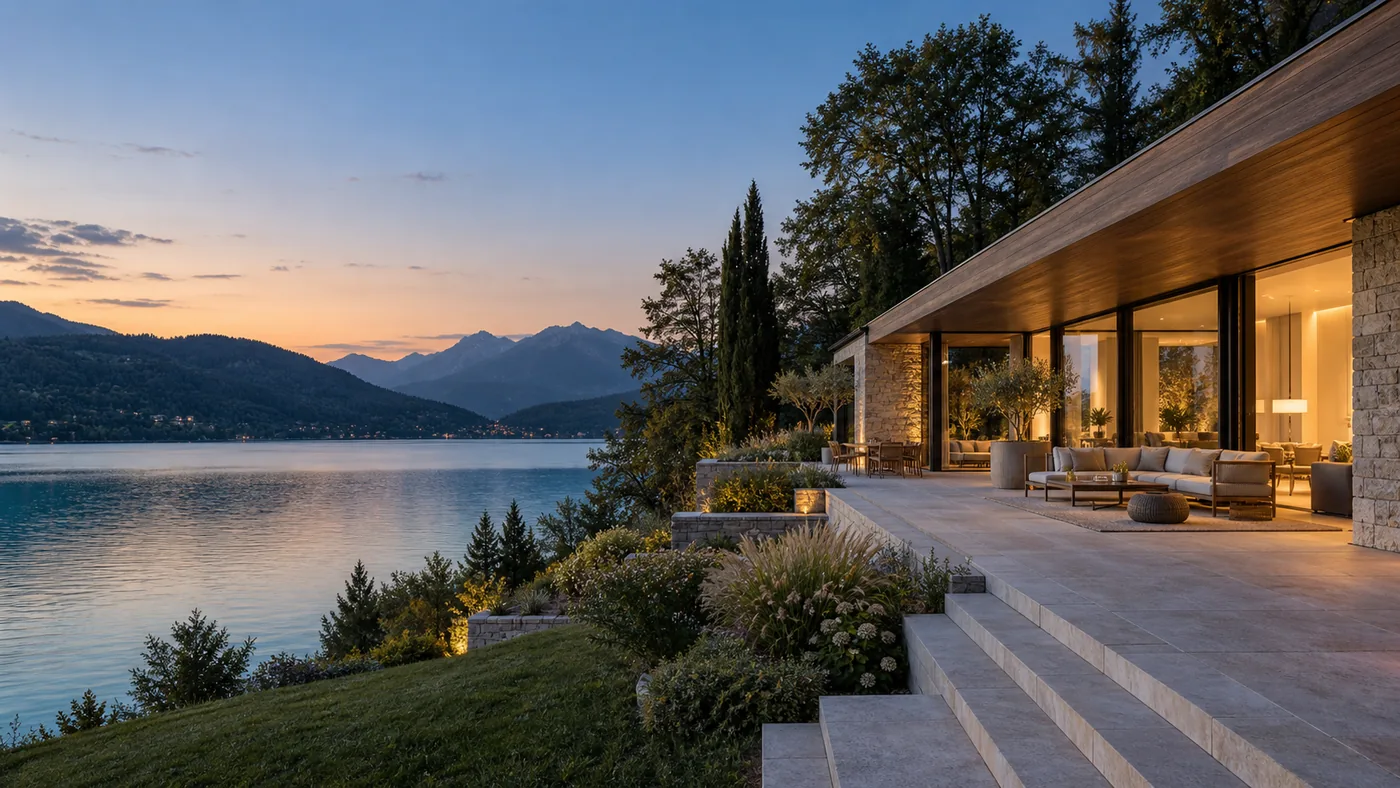 KI-Symbolbild einer modernen Seevilla im Abendlicht