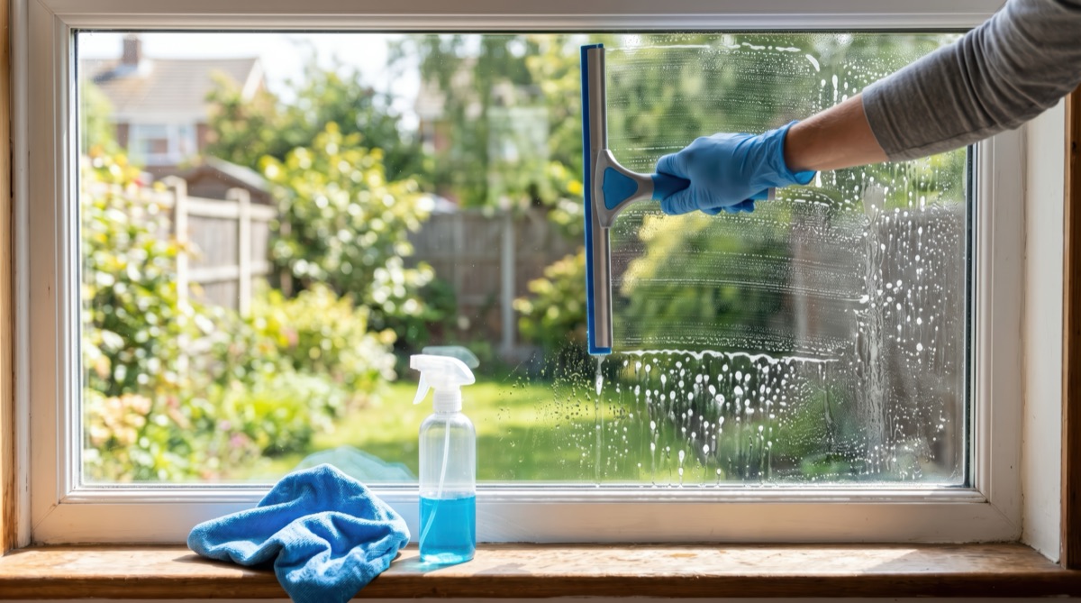 Fensterreinigung — Fenster wird streifenfrei mit Abzieher gereinigt