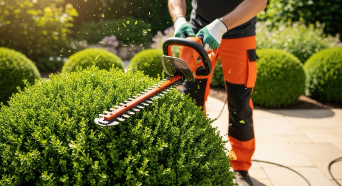 Grünpflege in Graz — Hecke wird mit Heckenschere in Form geschnitten