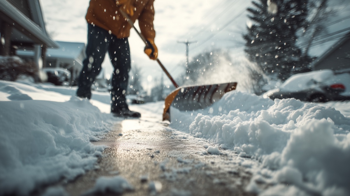 Winterdienst in Graz — Gehweg wird mit Schneeschaufel geräumt