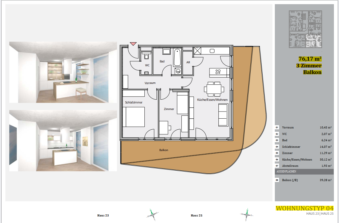 Grundriss Neubauwohnung im letzten Stock mit großem Balkon und Tiefgarage
