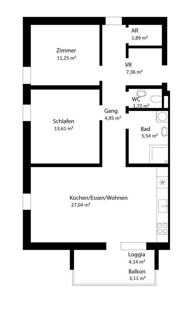 Grundriss Viel Licht, südseitige Balkonloggia und ein guter Grundriss – 3-Zimmer-Neubauwohnung in Villach-Landskron