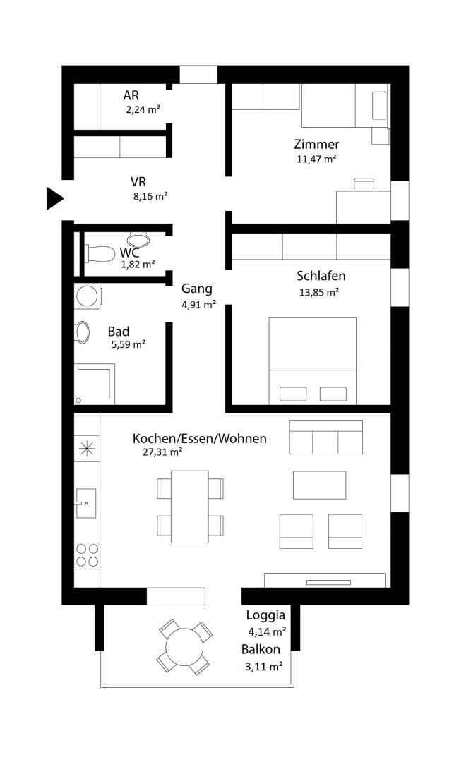 Grundriss 4,2 % Rendite, hochwertige Möblierung & Carport inklusive – 75 m² Vorsorgewohnung in Villach-Landskron