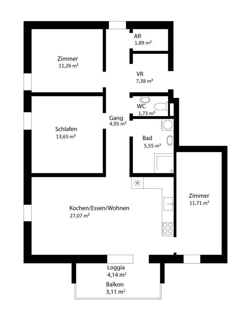 Grundriss Raum für Familie, Homeoffice und Gäste – 4-Zimmer-Neubauwohnung mit südseitiger Balkonloggia in Villach Landskron