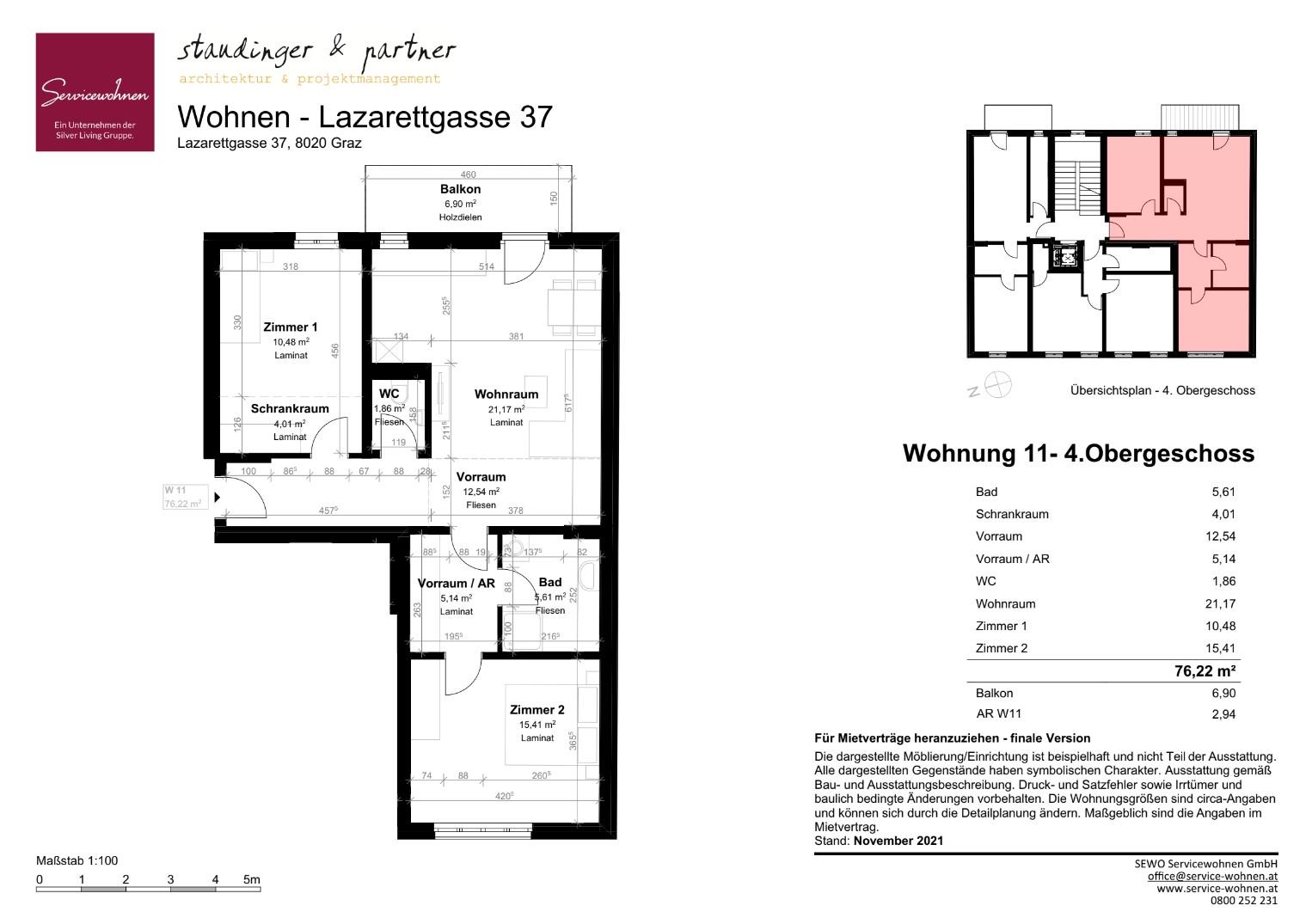 Grundriss Geförderte Mietwohnung in der Lazarettgasse 3 Zimmer mit Balkon, TOP 11