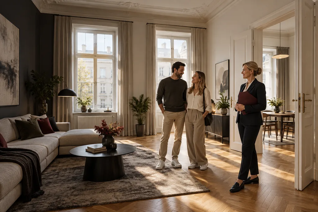 KI-Symbolbild einer Wohnungsbesichtigung mit einem Paar und einer Beraterin.