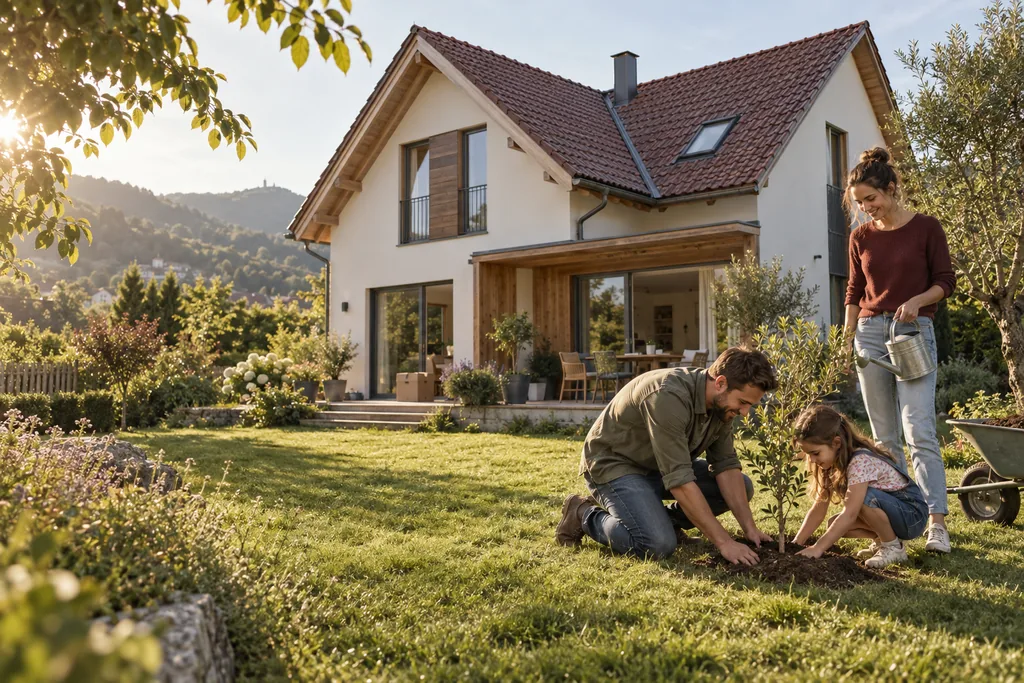 KI-Symbolbild einer Familie beim Pflanzen eines Baums im Garten eines Einfamilienhauses.