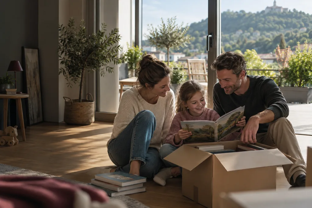 KI-Symbolbild einer Familie beim Einzug in eine neue Wohnung.