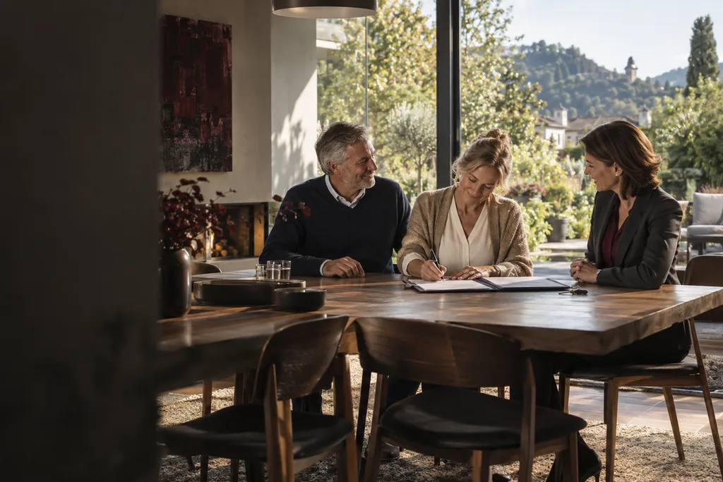 KI-Symbolbild eines Paares und einer Beraterin nach einem Immobilienverkauf.