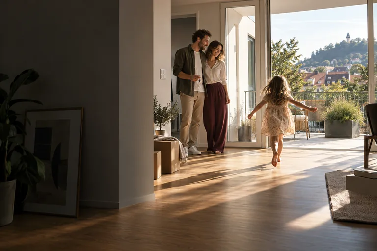 KI-Symbolbild einer jungen Familie beim Einzug in ihre neue Wohnung.