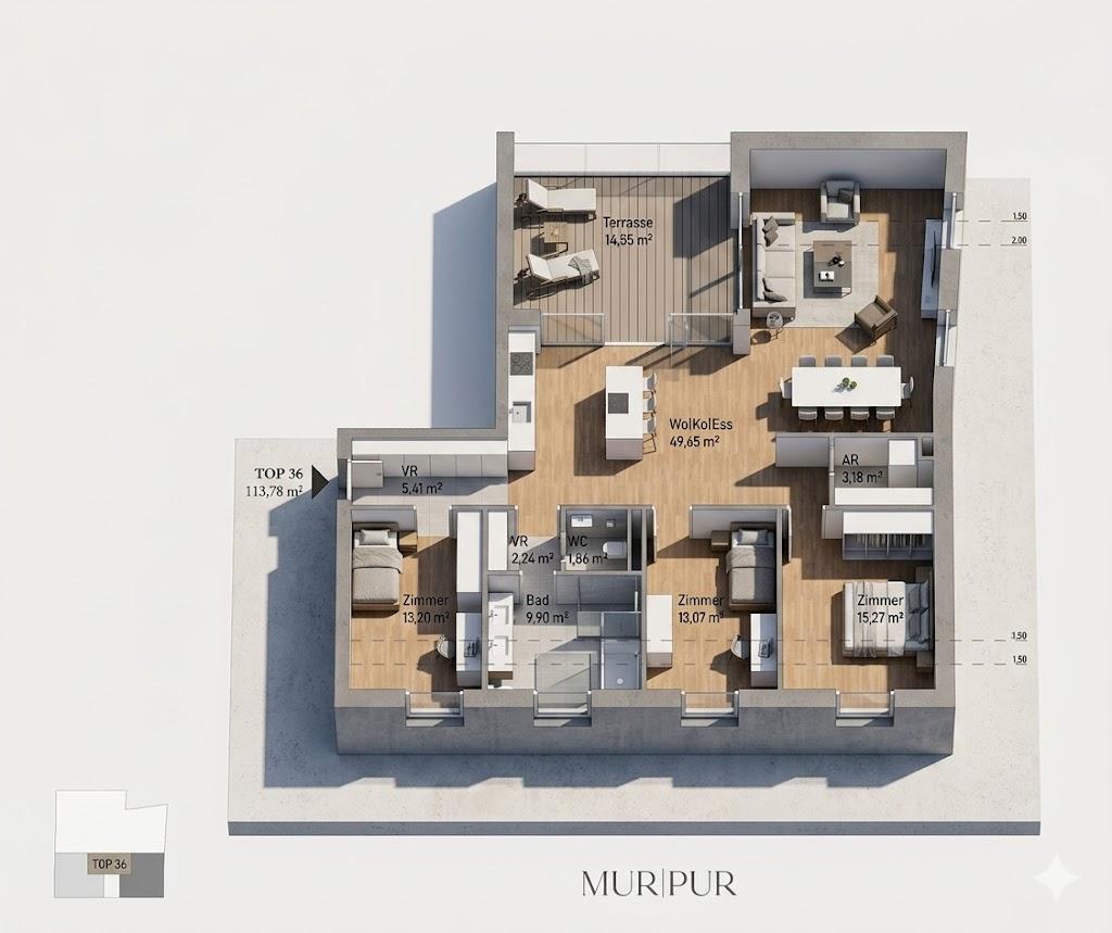 PURE ON THE MUR RIVER – unser neues Wohnprojekt an der Mur – Dachterrasse TOP 36; MP – Foto 3