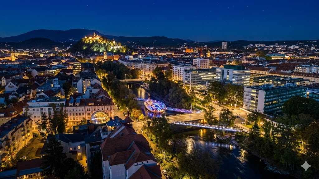 Die Mur im Herzen von Graz bei Nacht
