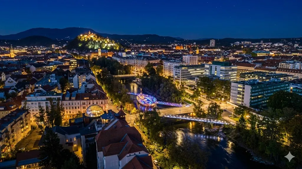 Die Mur im Herzen von Graz bei Nacht